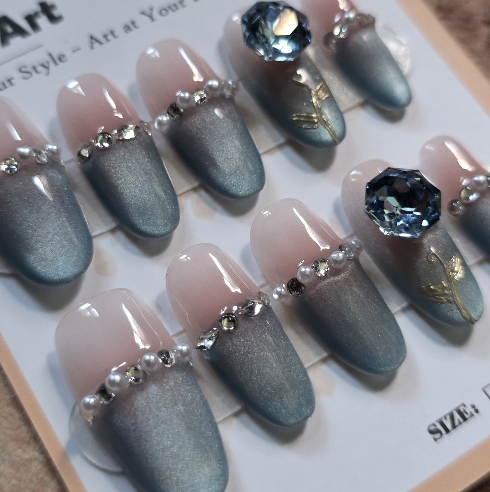 87. Pearl-Embellished Blue Ombre Press-On Nail Set